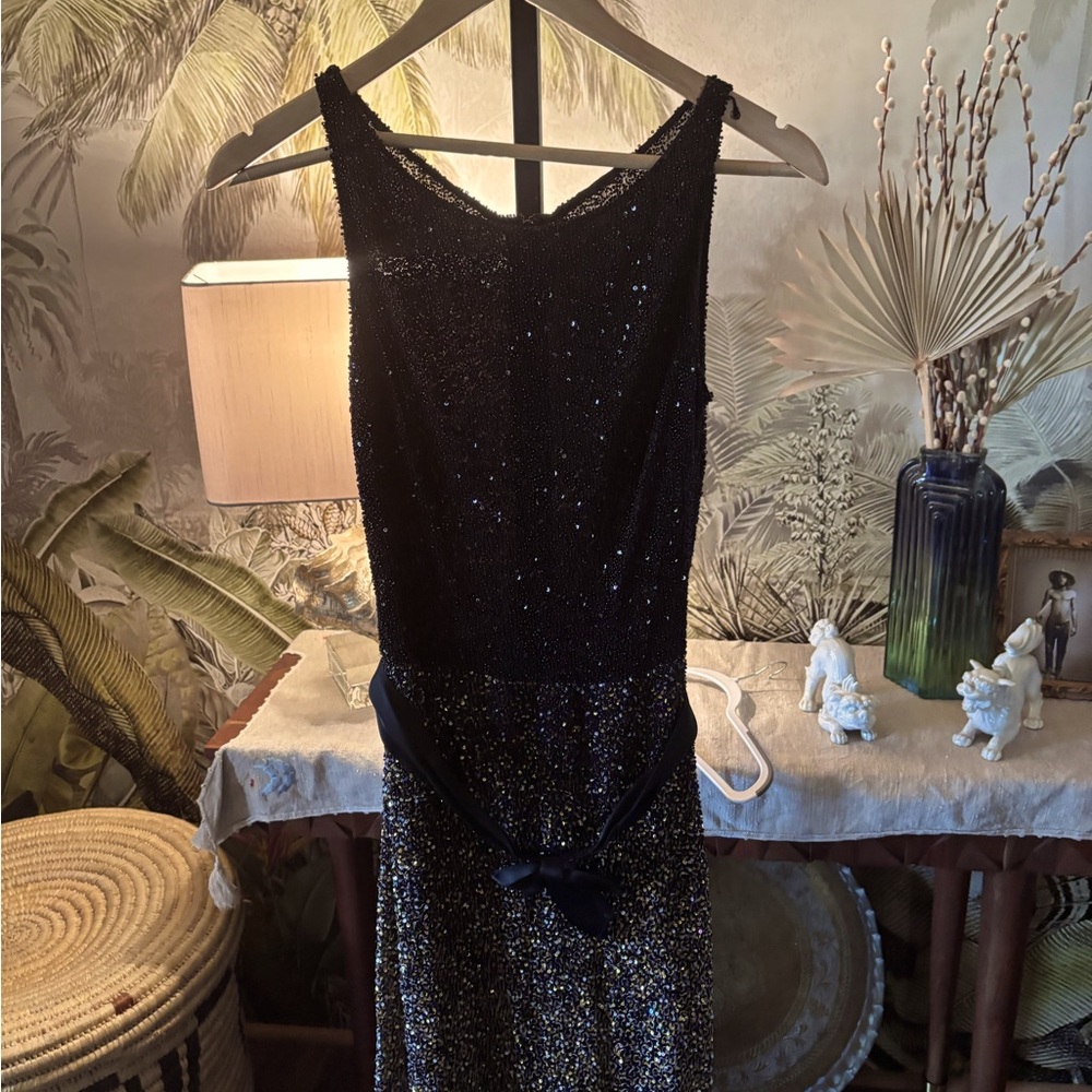 Bagley Mishka Beaded black and Gold Silk Dress with train